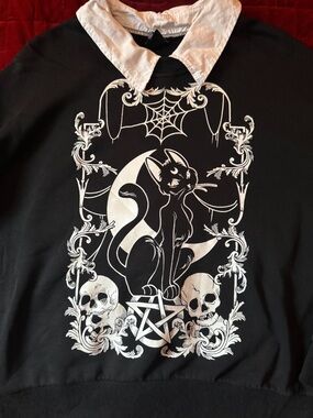 Dolls Kill Black Sweatshirt with White Gothic Cat Graphic